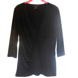 Women's Top Medium Black Jersey slim fit 3/4 sleeve deep v-neck knit blouse